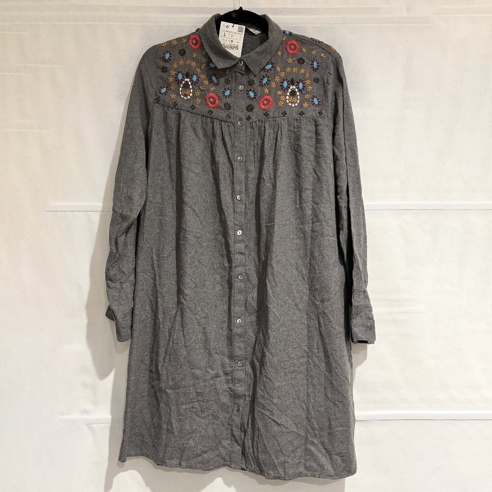 NWT Zara Women's Floral Embroidery Grey Tunic Dress Size Large